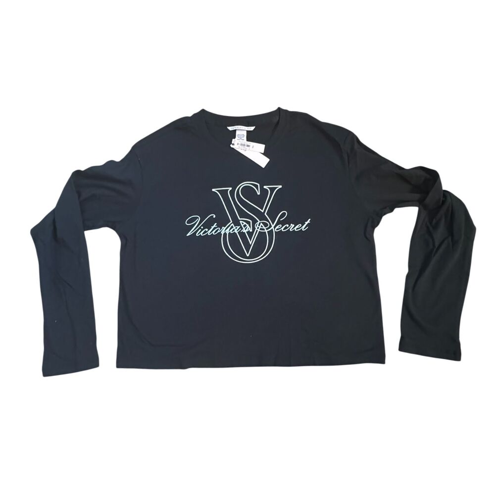 Victoria’s Secret Long Sleeve Logo T-Shirt Black VS Graphic Tee NWT - Picture 2 of 4